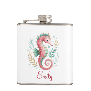 Cute Glittery Seahorse Custom Monogram Hip Flask