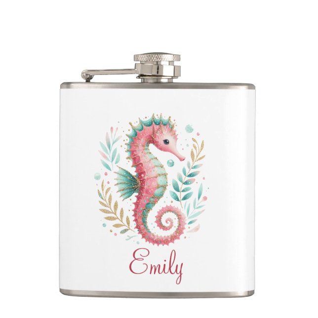 Cute Glittery Seahorse Custom Monogram Hip Flask (Front)