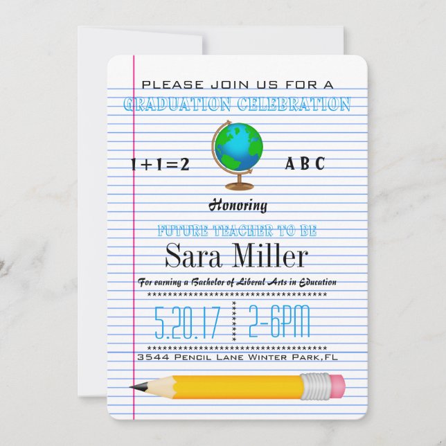 Cute Globe Teacher Graduation Invitation (Front)