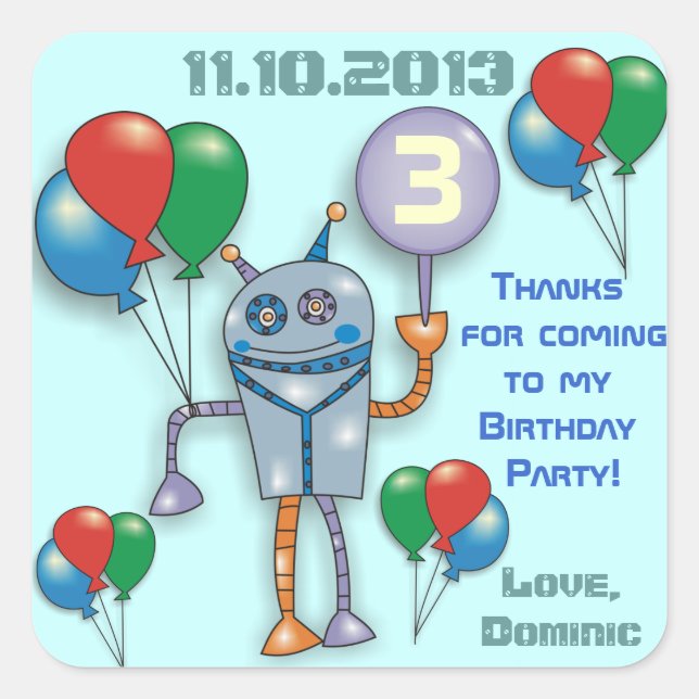 Cute Glossy Robot Personalised Party Stickers (Front)