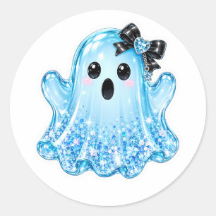 Cute Glowing Ghost with Black Bow Vinyl  Classic Round Sticker