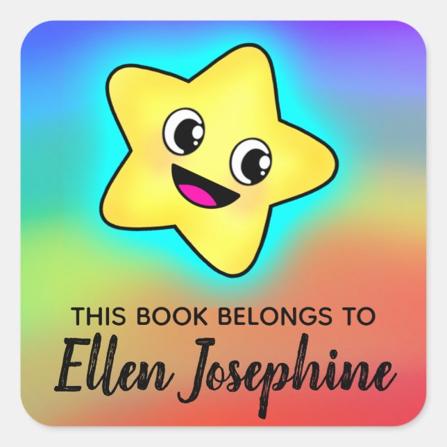 Cute Glowing Star in Rainbow Colours Bookplate Square Sticker (Front)