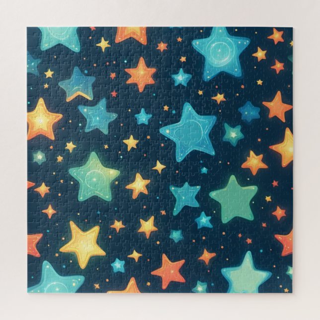 Cute glowing stars on blue jigsaw puzzle (Vertical)