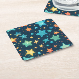 Cute glowing stars on blue square paper coaster