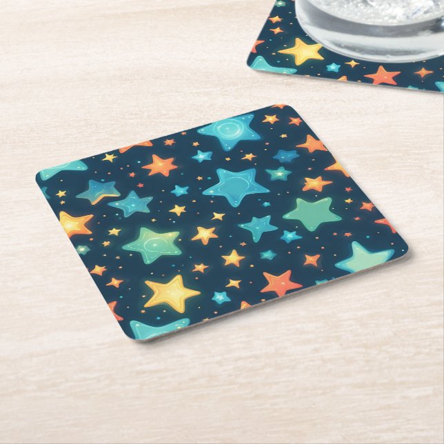 Cute glowing stars on blue square paper coaster (Angled)