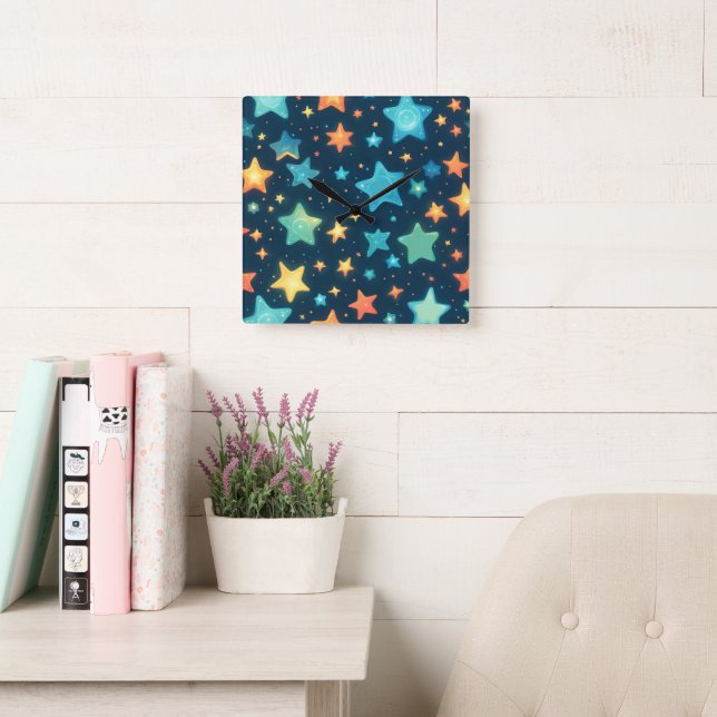Cute glowing stars on blue square wall clock (Reading Room)