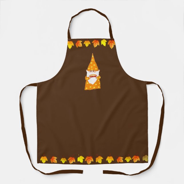 Cute Gnome and Autumn Leaves on Brown Apron (Front)