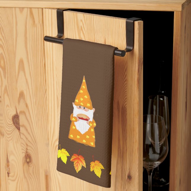 Cute Gnome and Autumn Leaves on Brown Tea Towel (Thirds Fold)