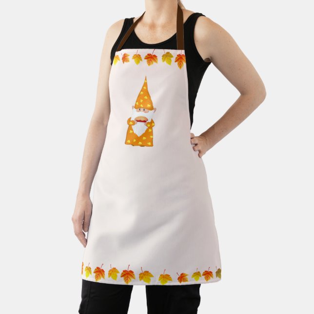 Cute Gnome and Autumn Leaves on Light Beige Apron (Insitu)