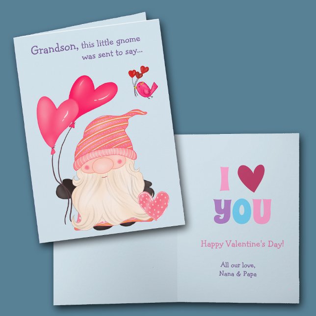 Cute Gnome and Balloons Grandson Valentine Holiday Card (Creator Uploaded)