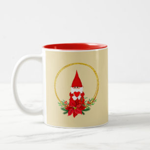 Cute Gnome and Christmas Wreath on Light Beige Mug
