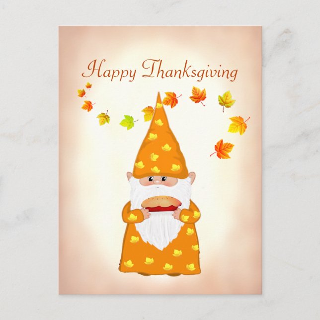 Cute Gnome and Fall Leaves Thanksgiving Postcard (Front)