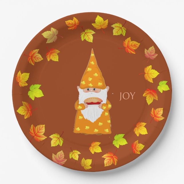 Cute Gnome and Holiday Fall Leaves on Terracotta Paper Plate (Front)