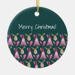 Cute Gnome And Reindeer With Pink Glove Ceramic Ornament