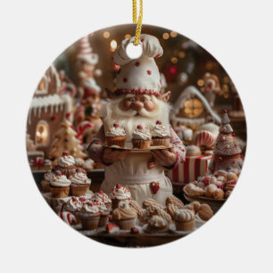 Cute gnome baker surrounded by cakes and treats ceramic ornament