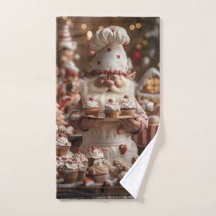 Cute gnome baker surrounded by cakes and treats hand towel