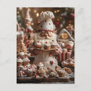 Cute gnome baker surrounded by cakes and treats postcard