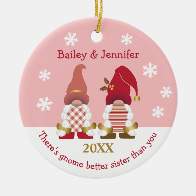 Cute Gnome Better Sister Red Gold Pink Gingham Ceramic Ornament (Front)