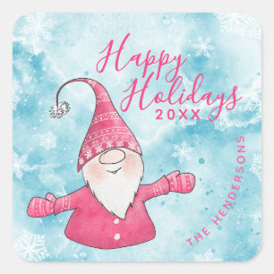 Cute Gnome Blue Pink Happy Holidays Christmas Square Sticker