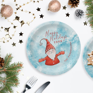 Cute Gnome Blue Red Happy Holidays Paper Plate