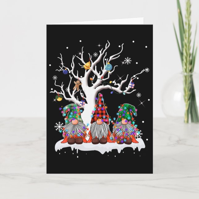 Cute Gnome Buffalo Plaid Christmas Tree Light Ugly Card (Front)