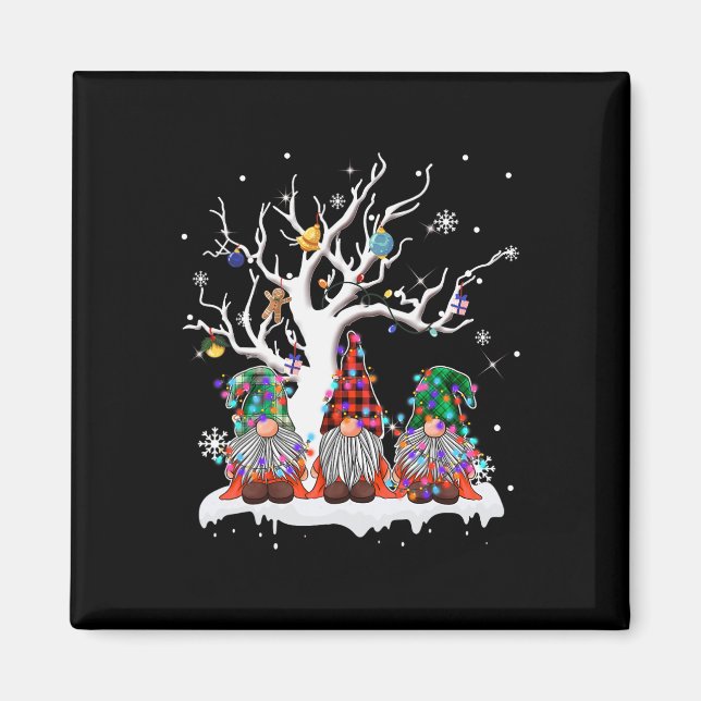 Cute Gnome Buffalo Plaid Christmas Tree Light Ugly Magnet (Front)