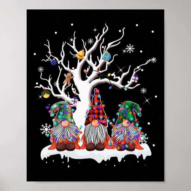 Cute Gnome Buffalo Plaid Christmas Tree Light Ugly Poster (Front)