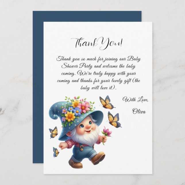 Cute Gnome & Butterfly Baby Shower Thank You Card (Front/Back)