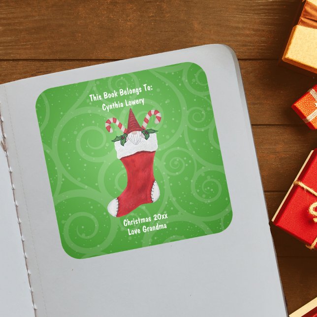 Cute Gnome Candy Canes in Red Stocking Swirls Square Sticker (Gnome in Christmas Stocking Book gift tag  or ownership sticker.)
