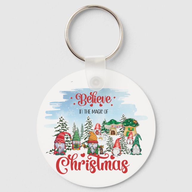 Cute Gnome Celebrating Christmas Holiday Key Ring (Front)