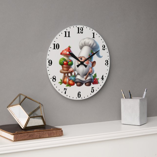 Cute gnome chef lovers large clock (Office)