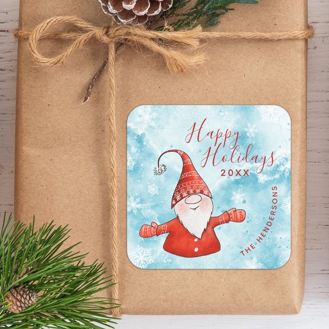 Cute Gnome Coastal Blue Red Happy Holidays Square Sticker (Creator Uploaded)