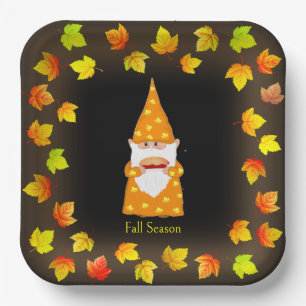 Cute Gnome & Colourful Fall Leaves on Black Paper Plate