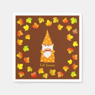Cute Gnome & Colourful Fall Leaves on Brown Napkin