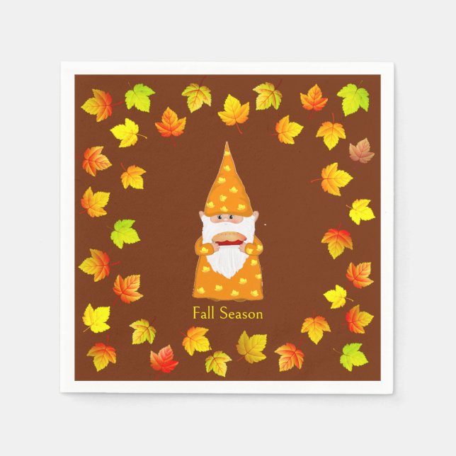 Cute Gnome & Colourful Fall Leaves on Brown Napkin (Front)