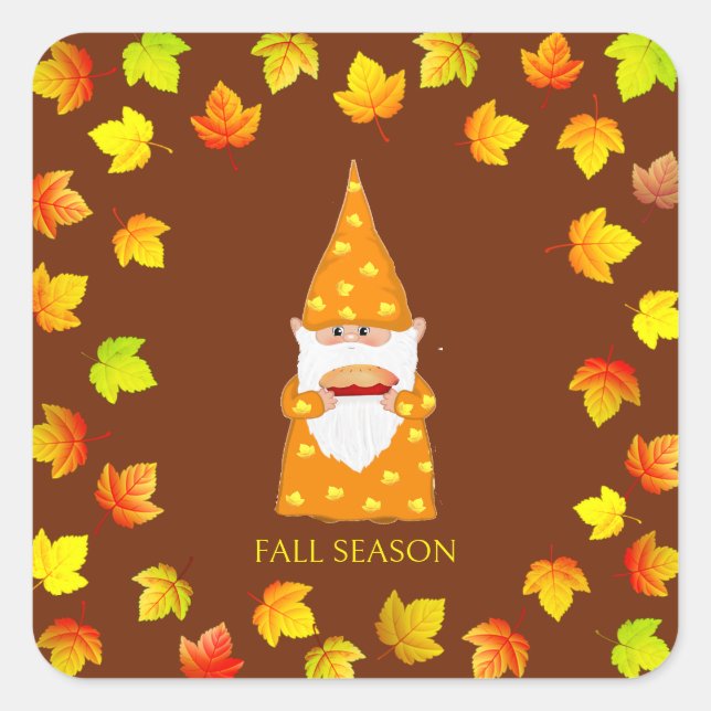 Cute Gnome & Colourful Fall Leaves on Brown Square Sticker (Front)