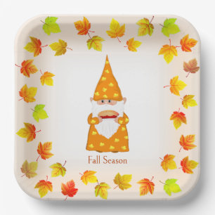 Cute Gnome & Colourful Fall Leaves Paper Plate