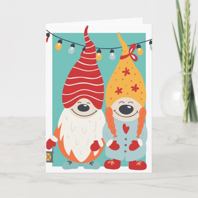 Cute Gnome Couple Personalised Christmas Holiday Card (Front)