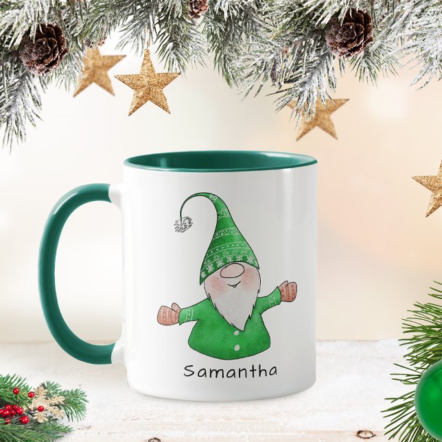 Cute Gnome Custom Name Green Christmas Mug (Creator Uploaded)