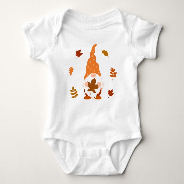 Cute Gnome Fall Custom Name Falling Leaves T-Shirt Baby Bodysuit (Front)