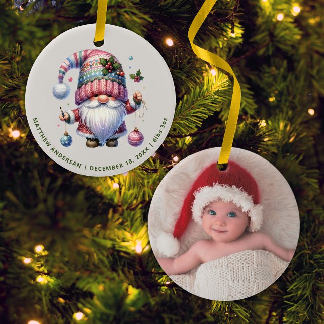 Cute Gnome First Christmas New Baby Photo Ceramic Ornament (Cute Gnome First Christmas New Baby Photo Ceramic Ornament)