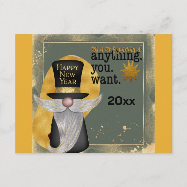 Cute Gnome Gold Happy New Year 2025 Postcard (Front)