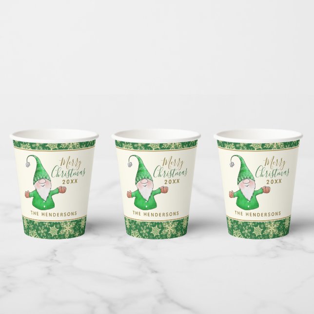 Cute Gnome Green Xmas Party Personalised Christmas Paper Cups (Multi)
