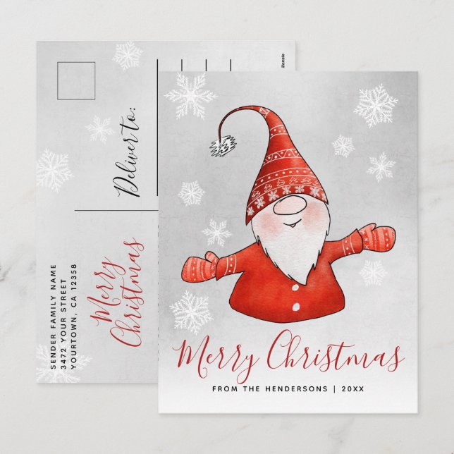 Cute Gnome Grey Red Christmas Holiday Postcard (Front/Back)