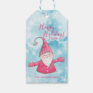 Cute Gnome Happy Holidays Blue and Pink Christmas Gift Tags