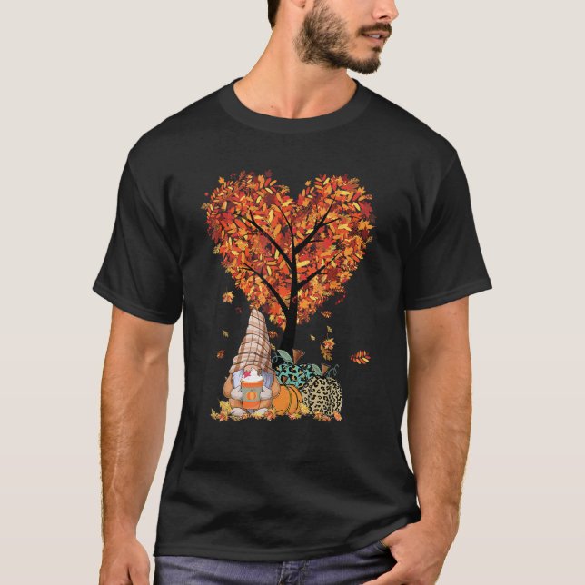 Cute Gnome Happy Thanksgiving Fall Leaves Pumpkin  T-Shirt (Front)
