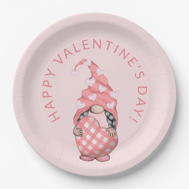 Cute Gnome Happy Valentines Day Party Paper Plate (Front)
