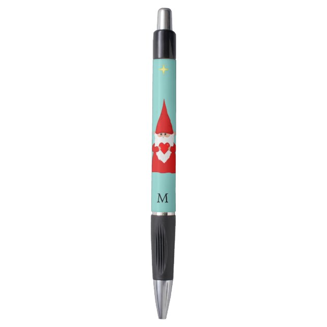 Cute Gnome Holding a Heart & Monogram Black Ink Pe (Front Vertical)