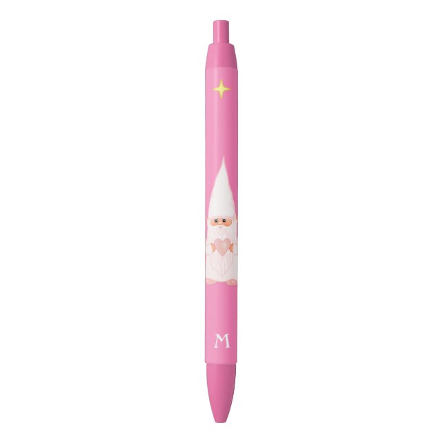 Cute Gnome Holding a Heart & Monogram Black Ink Pen (Front Vertical)