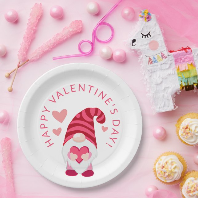 Cute Gnome Holding a Heart Valentine's Day Paper Plate (Party)